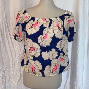 SKIES ARE BLUE floral top shirt Neon Pink/Blue/White Sz S